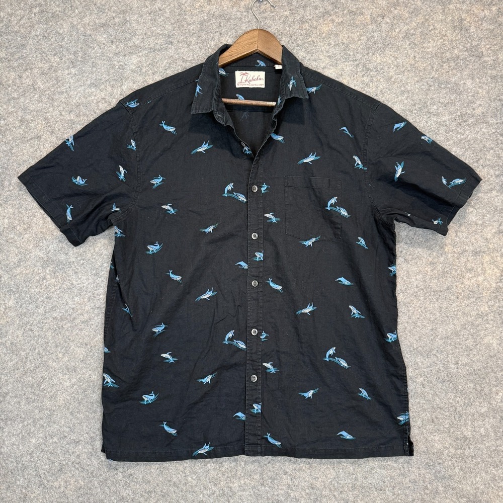 Kahala Linen Blend Dolphin Aloha Hawaiian Shirt Mens XL Black Blue Graphic Tee